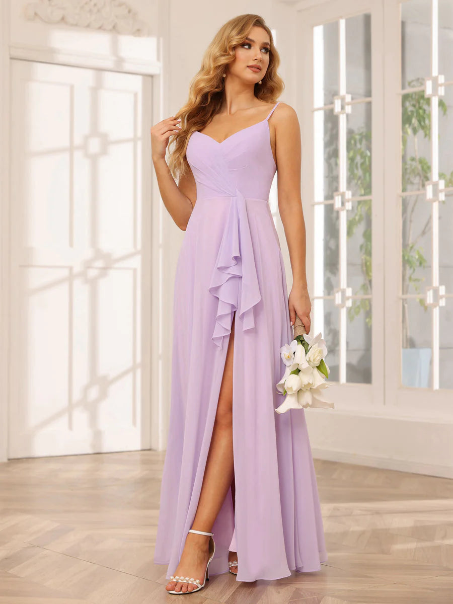 Wholesa A-Line/Princess Spaghetti Straps V-Neck Long Bridesmaid Dresses With Split Side