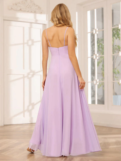 Wholesa A-Line/Princess Spaghetti Straps V-Neck Long Bridesmaid Dresses With Split Side