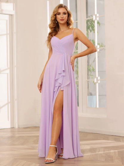 Wholesa A-Line/Princess Spaghetti Straps V-Neck Long Bridesmaid Dresses With Split Side