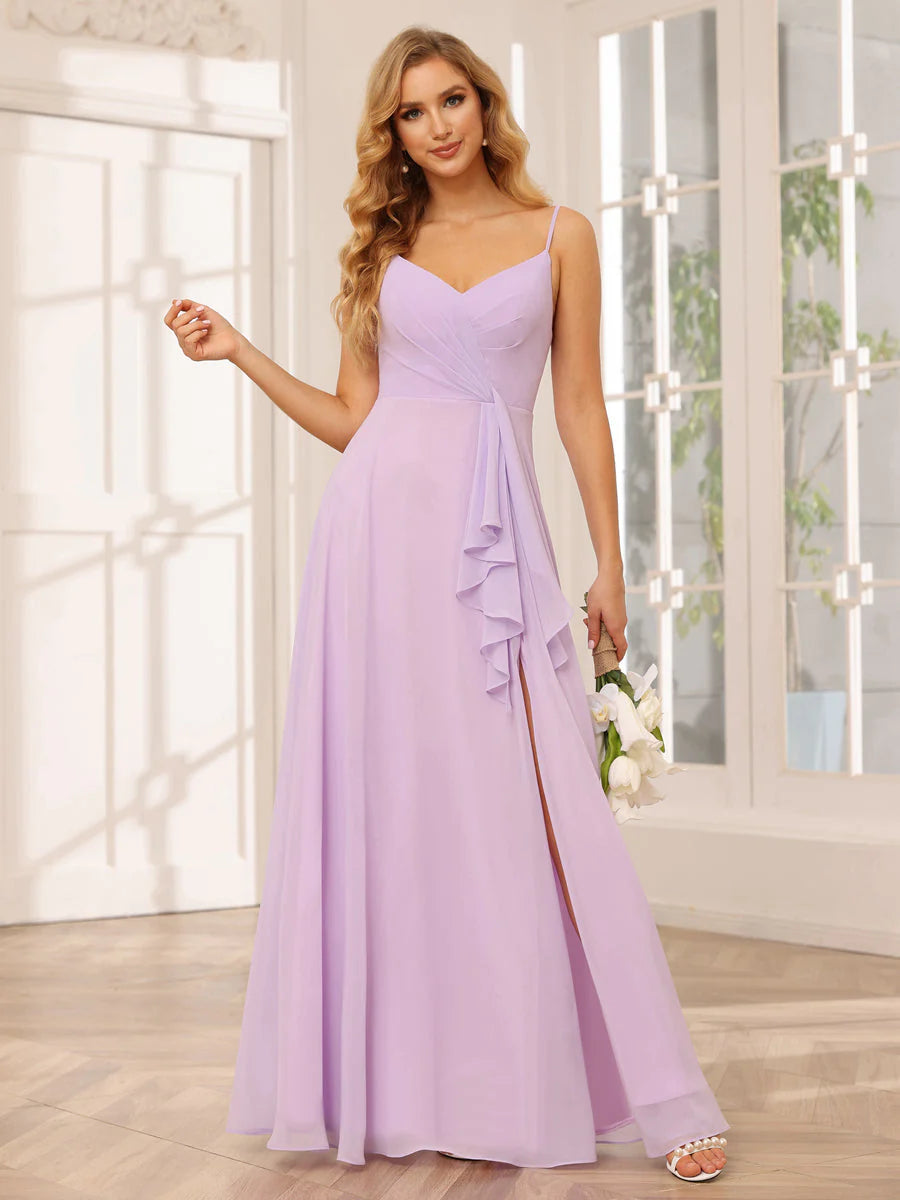 Wholesa A-Line/Princess Spaghetti Straps V-Neck Long Bridesmaid Dresses With Split Side