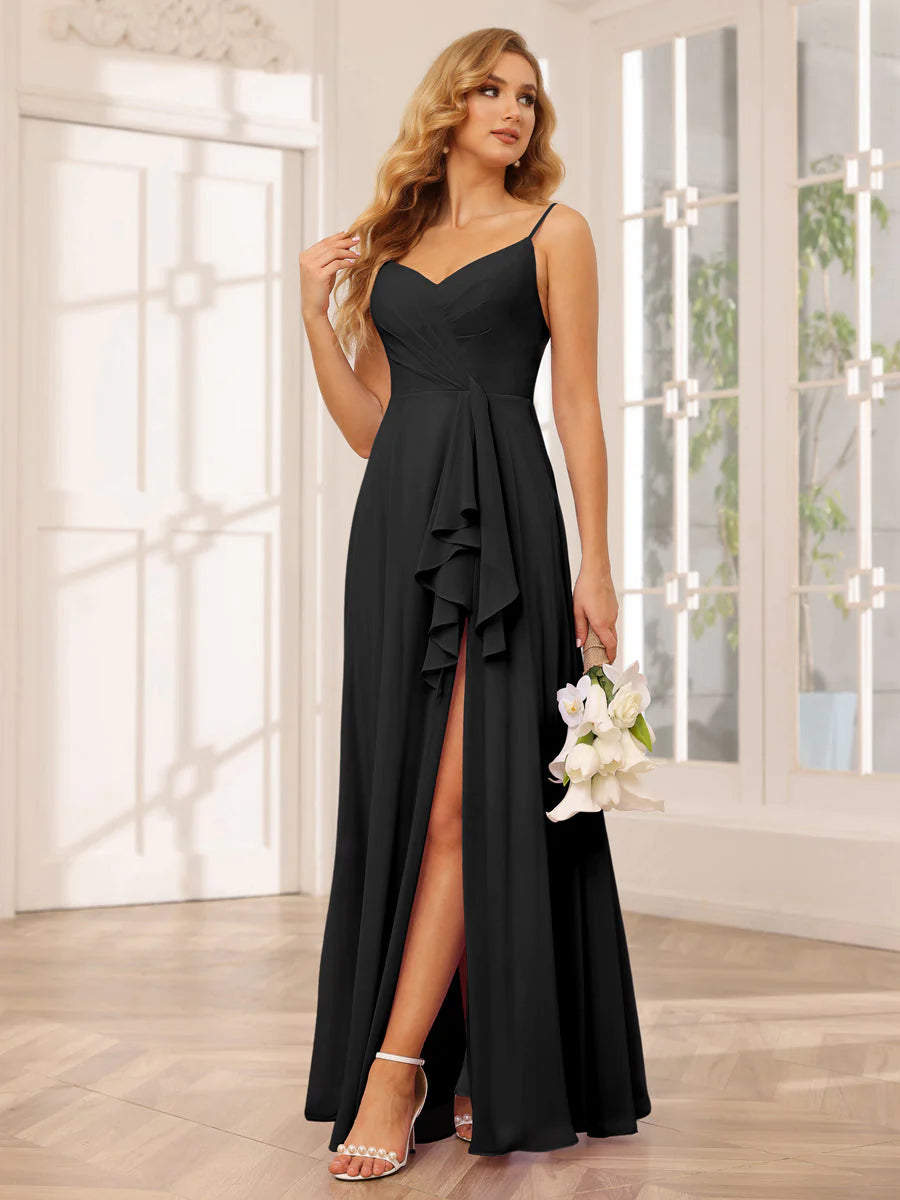 Wholesa A-Line/Princess Spaghetti Straps V-Neck Long Bridesmaid Dresses With Split Side