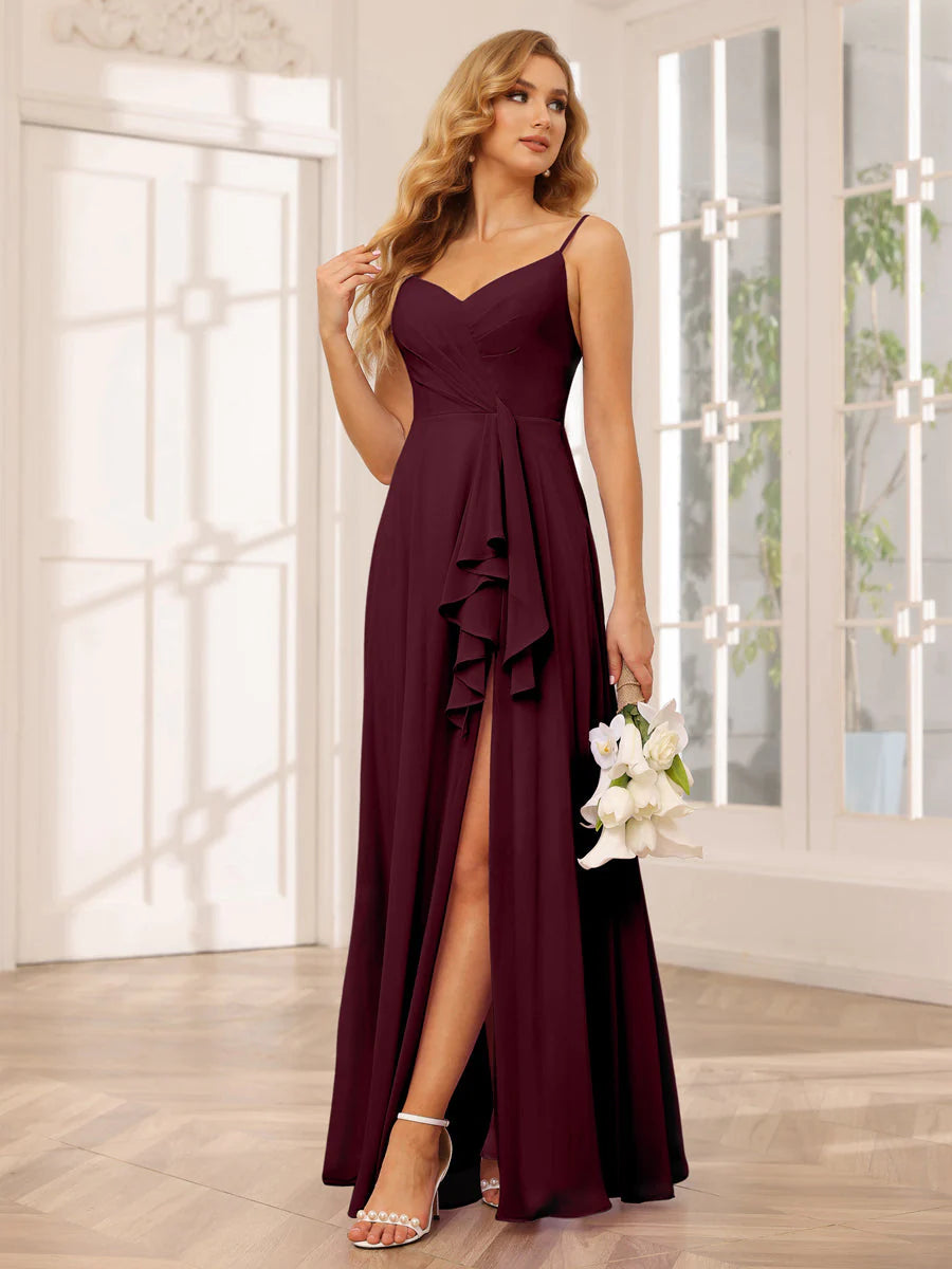 Wholesa A-Line/Princess Spaghetti Straps V-Neck Long Bridesmaid Dresses With Split Side