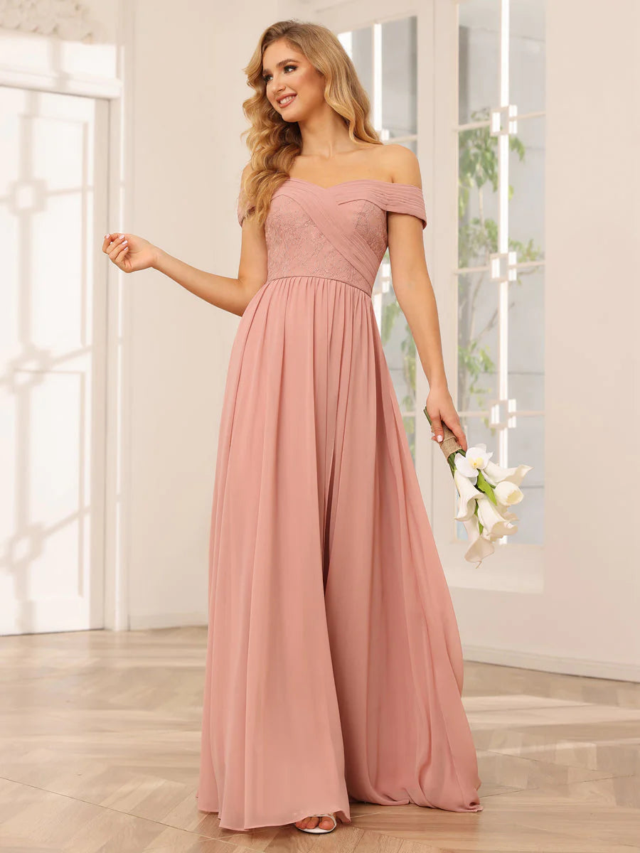 Wholesa A-Line/Princess Off-The-Shoulder Long Bridesmaid Dresses With Applique