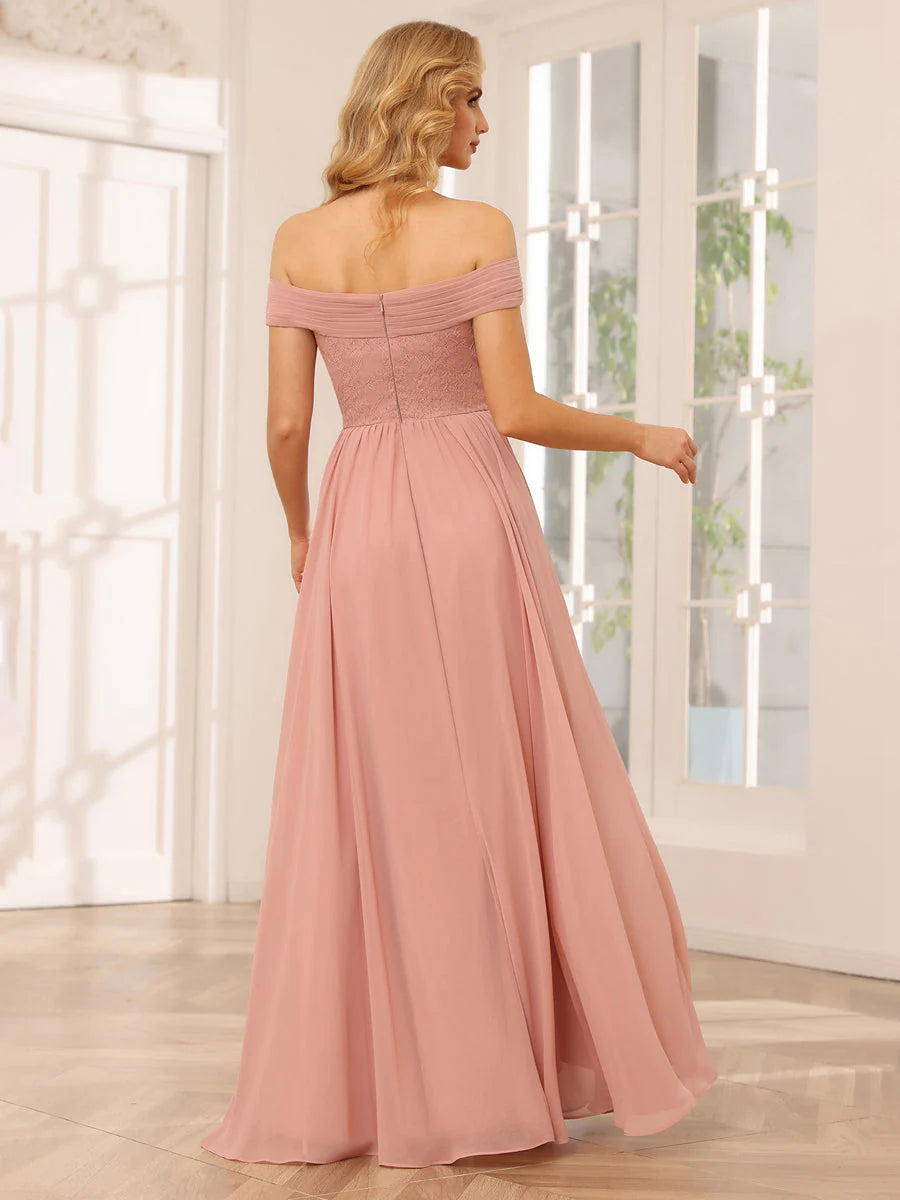 Wholesa A-Line/Princess Off-The-Shoulder Long Bridesmaid Dresses With Applique