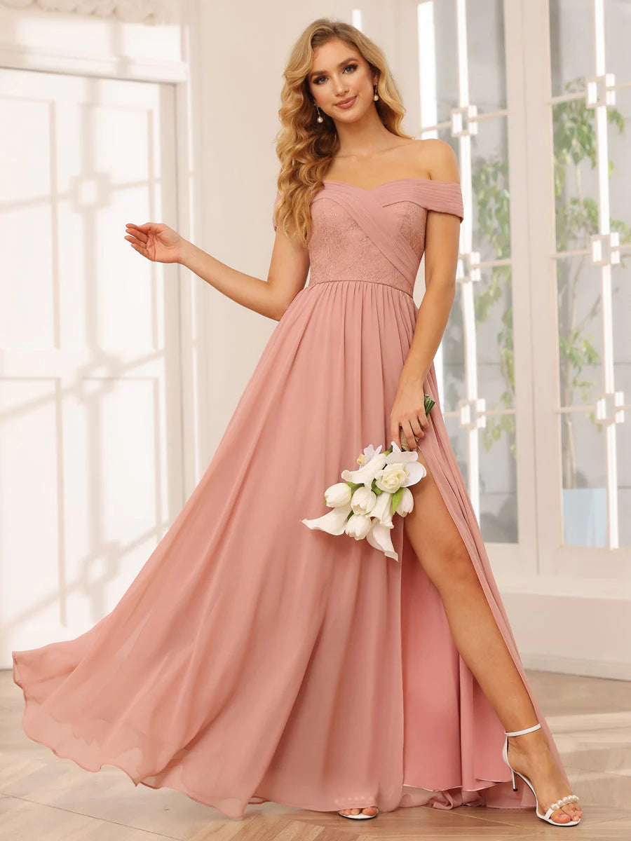 Wholesa A-Line/Princess Off-The-Shoulder Long Bridesmaid Dresses With Applique