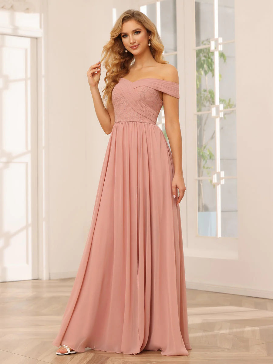 Wholesa A-Line/Princess Off-The-Shoulder Long Bridesmaid Dresses With Applique