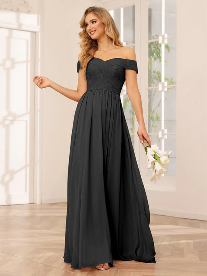 Wholesa A-Line/Princess Off-The-Shoulder Long Bridesmaid Dresses With Applique