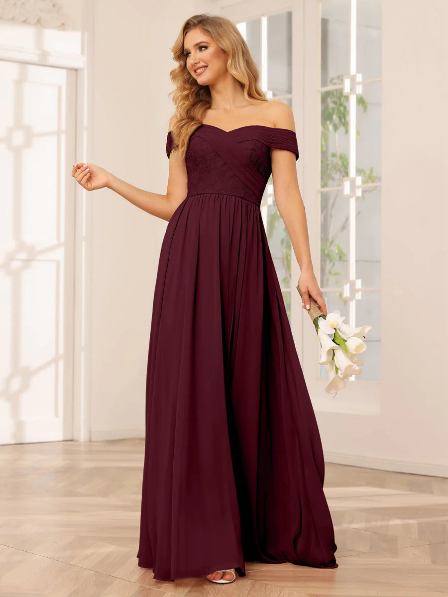 Wholesa A-Line/Princess Off-The-Shoulder Long Bridesmaid Dresses With Applique