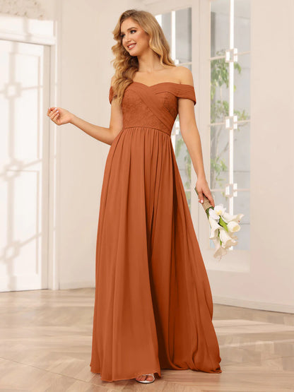 Wholesa A-Line/Princess Off-The-Shoulder Long Bridesmaid Dresses With Applique