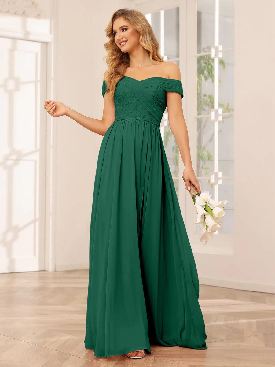 Wholesa A-Line/Princess Off-The-Shoulder Long Bridesmaid Dresses With Applique