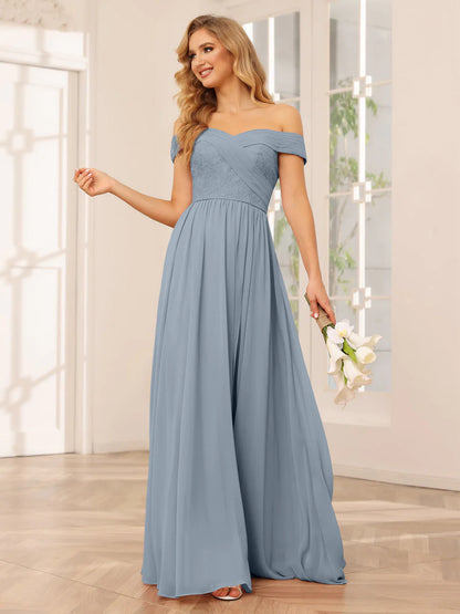 Wholesa A-Line/Princess Off-The-Shoulder Long Bridesmaid Dresses With Applique