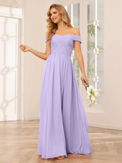 Wholesa A-Line/Princess Off-The-Shoulder Long Bridesmaid Dresses With Applique