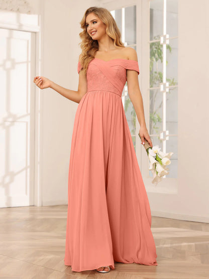 Wholesa A-Line/Princess Off-The-Shoulder Long Bridesmaid Dresses With Applique