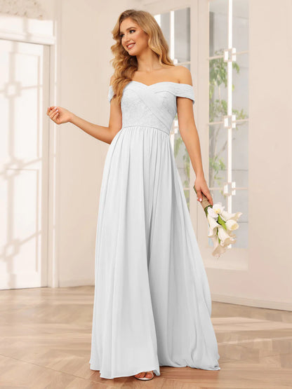 Wholesa A-Line/Princess Off-The-Shoulder Long Bridesmaid Dresses With Applique