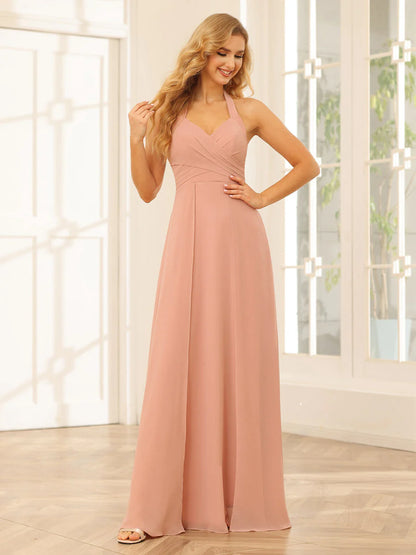 Wholesa A-Line/Princess Halter Long Bridesmaid Dresses With Split Side