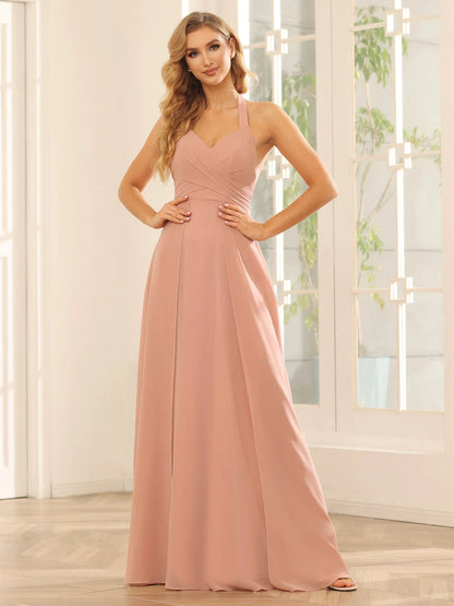 Wholesa A-Line/Princess Halter Long Bridesmaid Dresses With Split Side