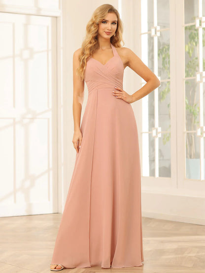 Wholesa A-Line/Princess Halter Long Bridesmaid Dresses With Split Side