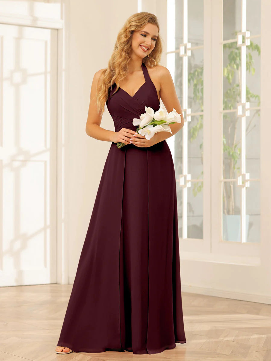 Wholesa A-Line/Princess Halter Long Bridesmaid Dresses With Split Side