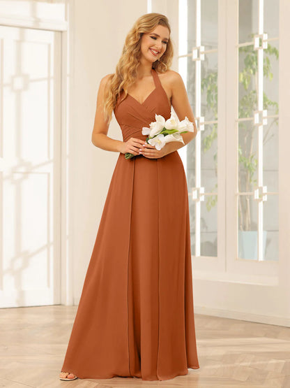 Wholesa A-Line/Princess Halter Long Bridesmaid Dresses With Split Side