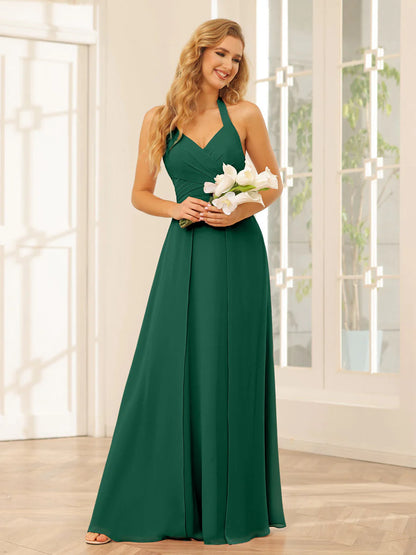 Wholesa A-Line/Princess Halter Long Bridesmaid Dresses With Split Side