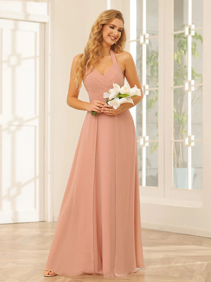 Wholesa A-Line/Princess Halter Long Bridesmaid Dresses With Split Side