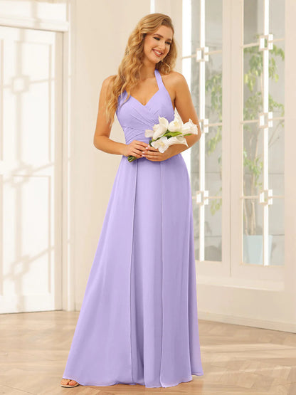 Wholesa A-Line/Princess Halter Long Bridesmaid Dresses With Split Side