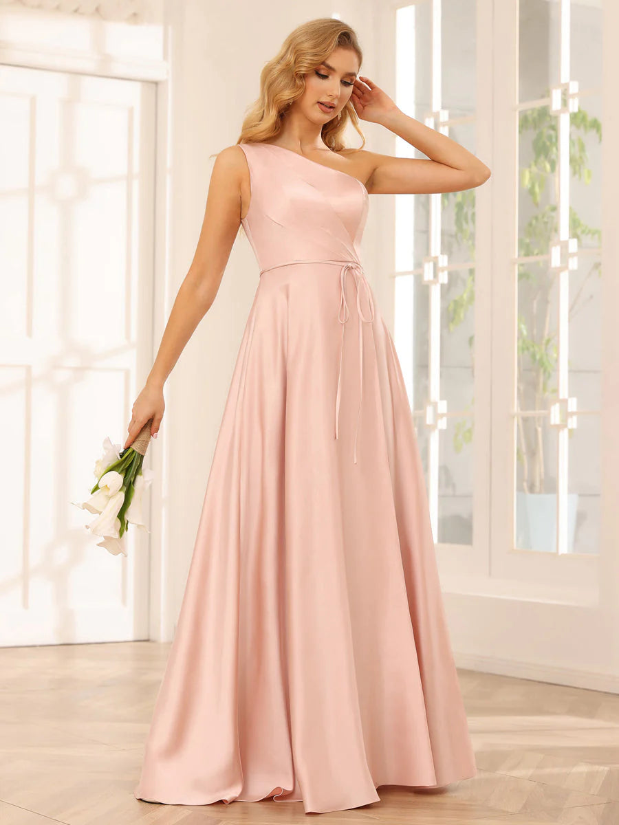 Wholesa A-Line/Princess One-Shoulder Long Bridesmaid Dresses With Split Side