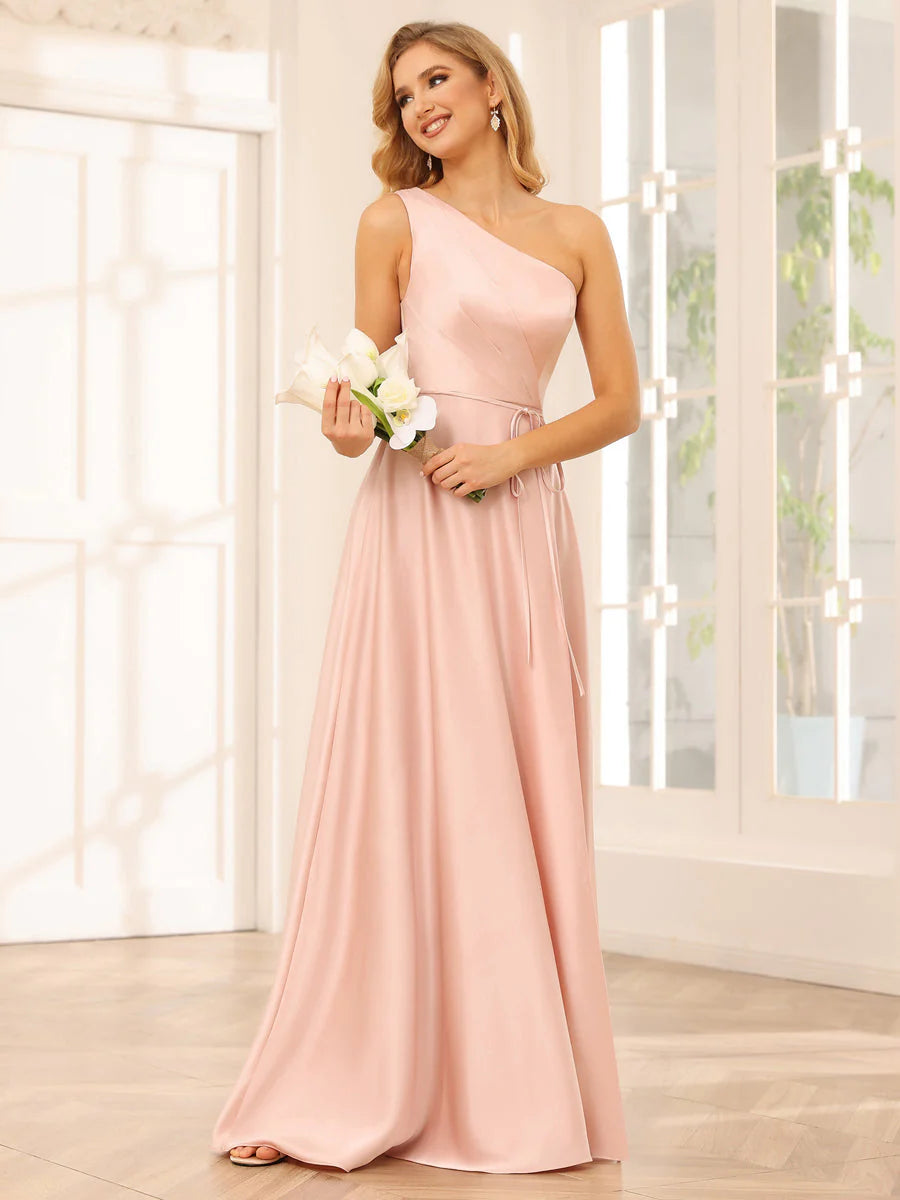 Wholesa A-Line/Princess One-Shoulder Long Bridesmaid Dresses With Split Side