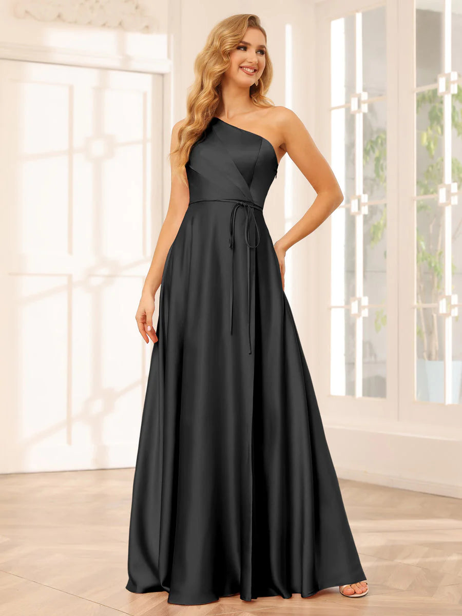 Wholesa A-Line/Princess One-Shoulder Long Bridesmaid Dresses With Split Side