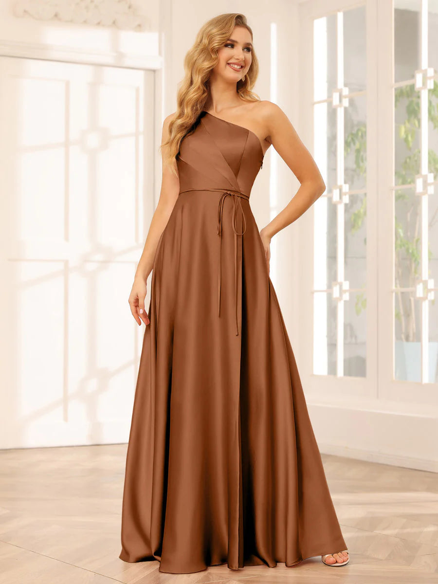 Wholesa A-Line/Princess One-Shoulder Long Bridesmaid Dresses With Split Side