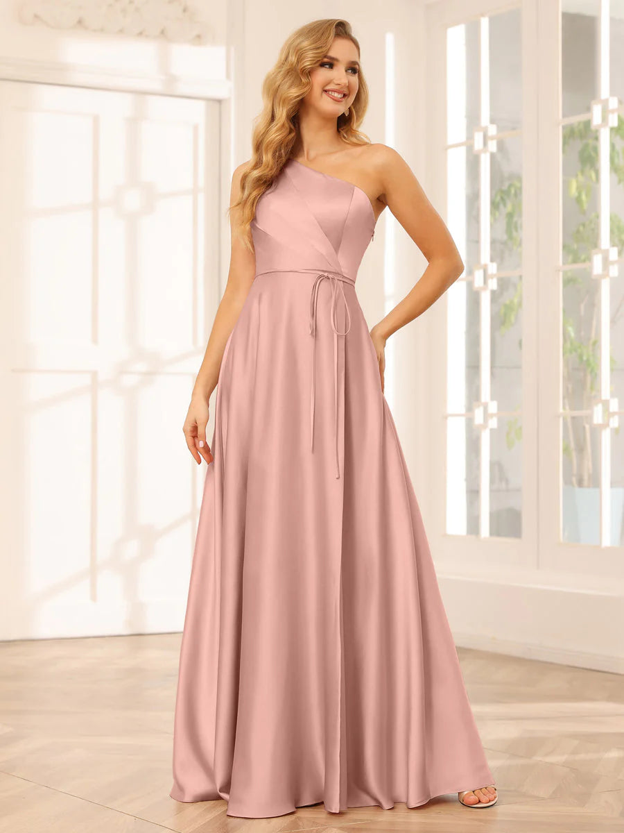 Wholesa A-Line/Princess One-Shoulder Long Bridesmaid Dresses With Split Side