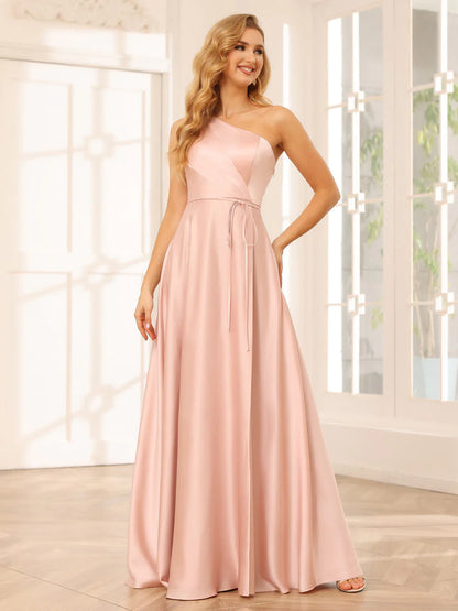 Wholesa A-Line/Princess One-Shoulder Long Bridesmaid Dresses With Split Side