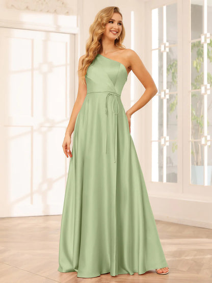 Wholesa A-Line/Princess One-Shoulder Long Bridesmaid Dresses With Split Side