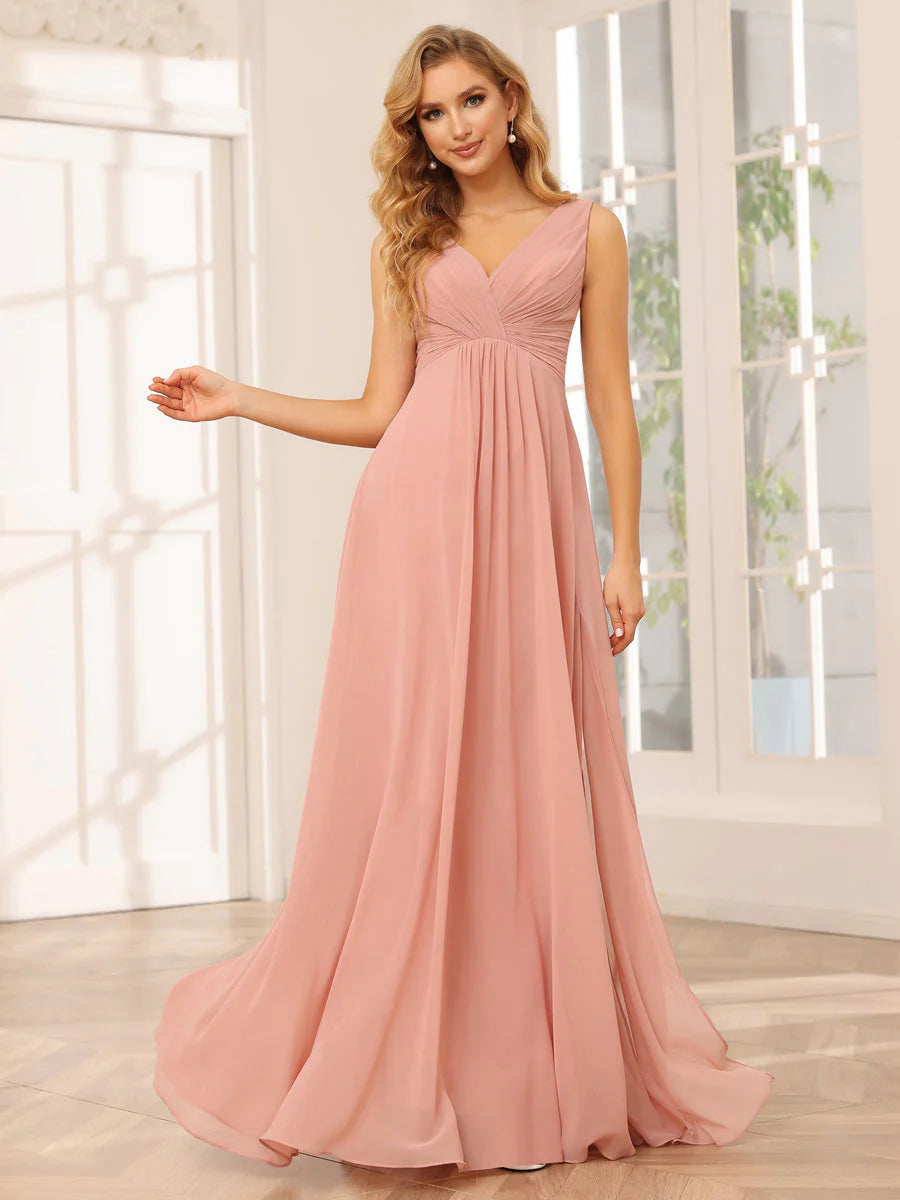 Wholesa A-Line/Princess V-Neck Long Bridesmaid Dresses With Split Side