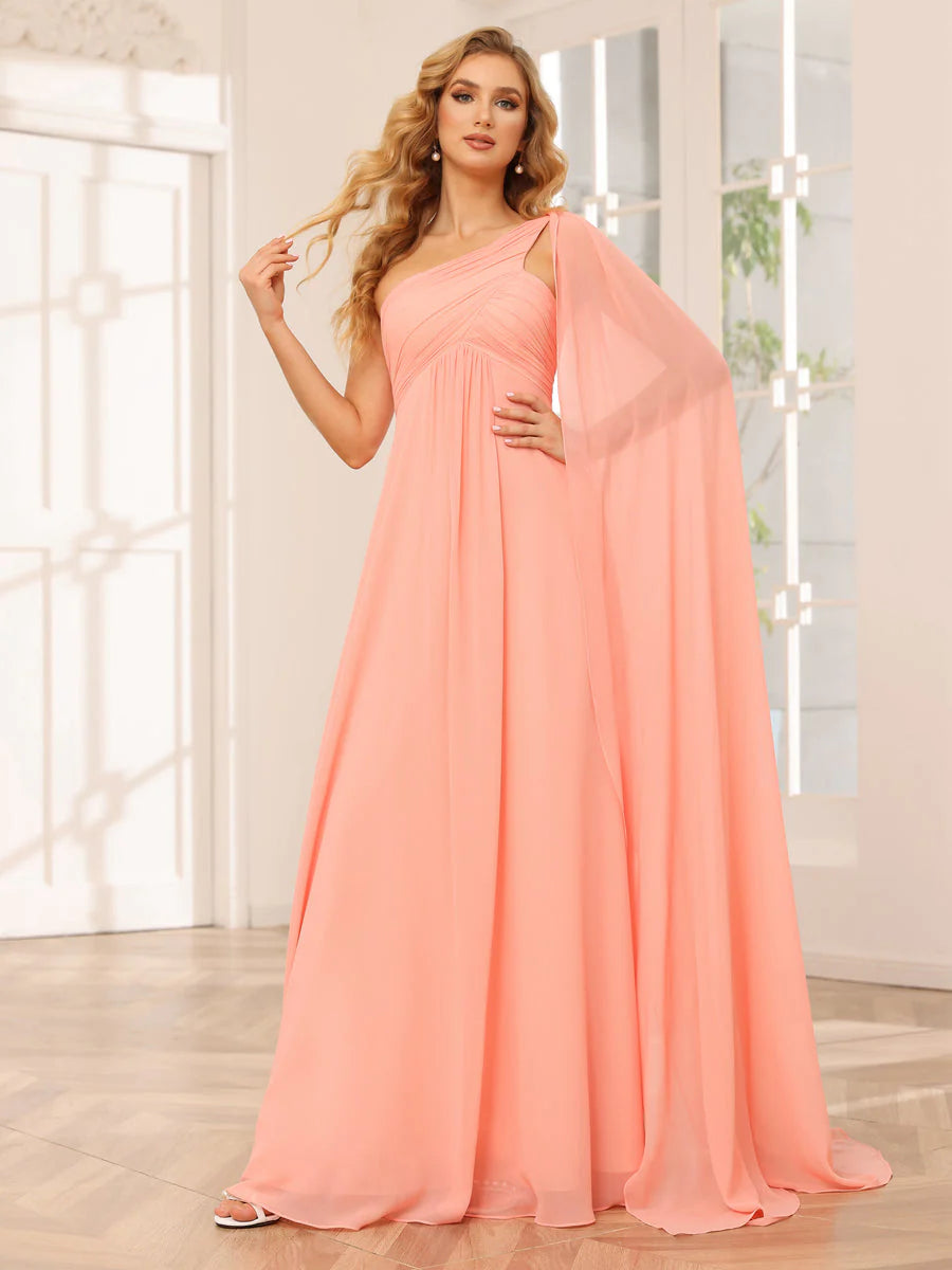 Wholesa A-Line/Princess One-Shoulder Long Bridesmaid Dresses With Ruched