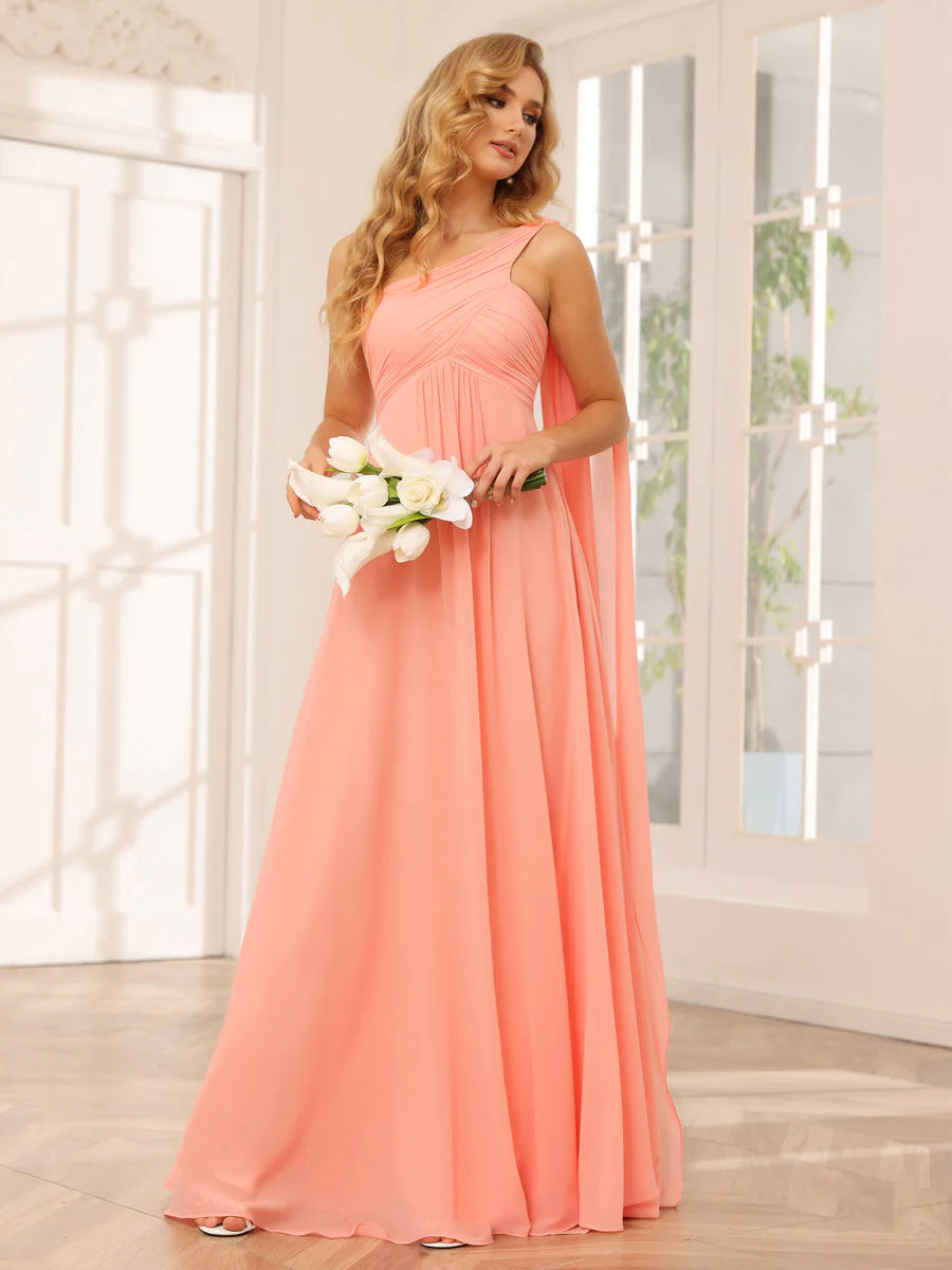 Wholesa A-Line/Princess One-Shoulder Long Bridesmaid Dresses With Ruched