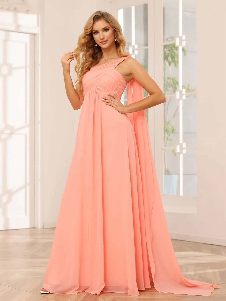 Wholesa A-Line/Princess One-Shoulder Long Bridesmaid Dresses With Ruched