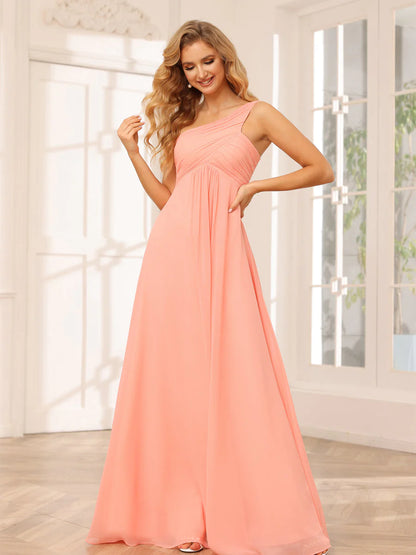 Wholesa A-Line/Princess One-Shoulder Long Bridesmaid Dresses With Ruched