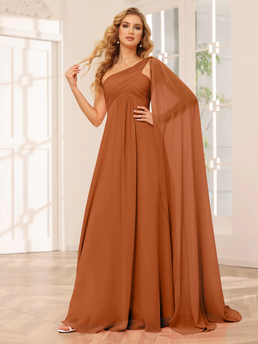 Wholesa A-Line/Princess One-Shoulder Long Bridesmaid Dresses With Ruched