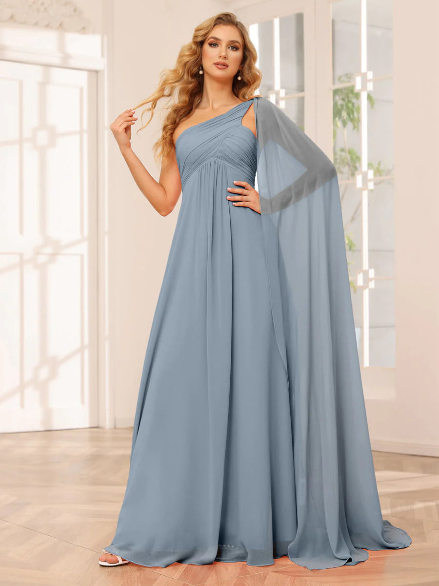 Wholesa A-Line/Princess One-Shoulder Long Bridesmaid Dresses With Ruched