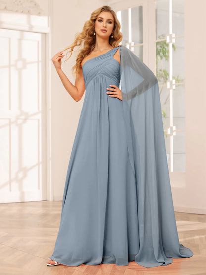 Wholesa A-Line/Princess One-Shoulder Long Bridesmaid Dresses With Ruched