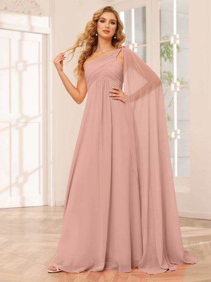 Wholesa A-Line/Princess One-Shoulder Long Bridesmaid Dresses With Ruched