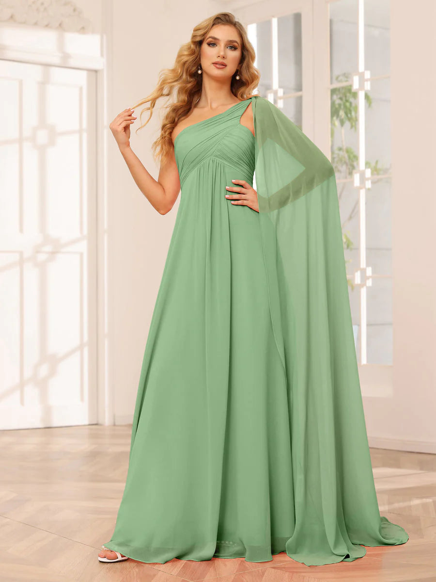 Wholesa A-Line/Princess One-Shoulder Long Bridesmaid Dresses With Ruched