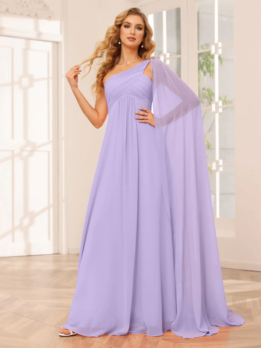 Wholesa A-Line/Princess One-Shoulder Long Bridesmaid Dresses With Ruched