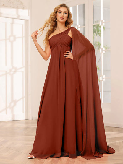 Wholesa A-Line/Princess One-Shoulder Long Bridesmaid Dresses With Ruched