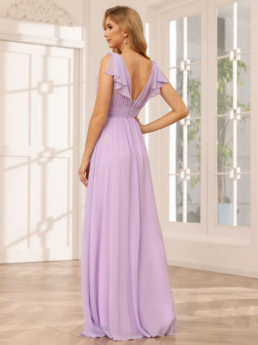 Wholesa A-Line/Princess V-Neck Long Bridesmaid Dresses With Ruffles