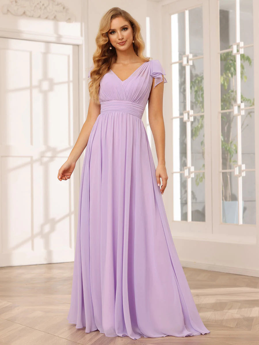 Wholesa A-Line/Princess V-Neck Long Bridesmaid Dresses With Ruffles