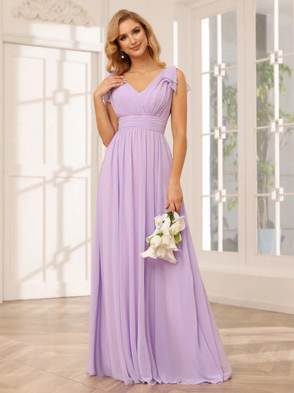 Wholesa A-Line/Princess V-Neck Long Bridesmaid Dresses With Ruffles