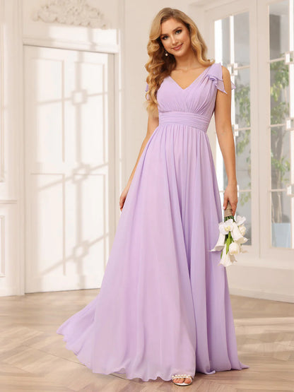 Wholesa A-Line/Princess V-Neck Long Bridesmaid Dresses With Ruffles