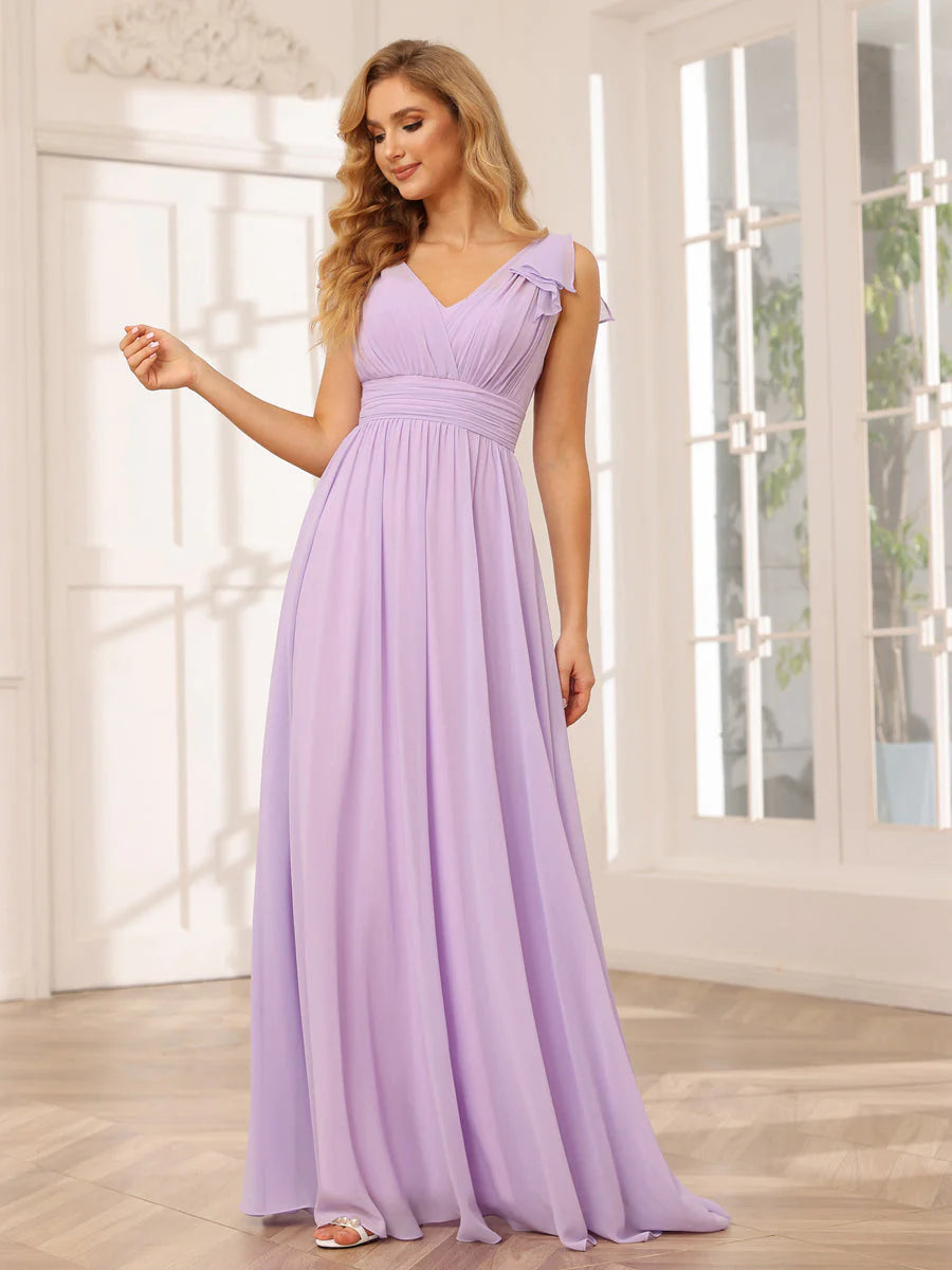 Wholesa A-Line/Princess V-Neck Long Bridesmaid Dresses With Ruffles